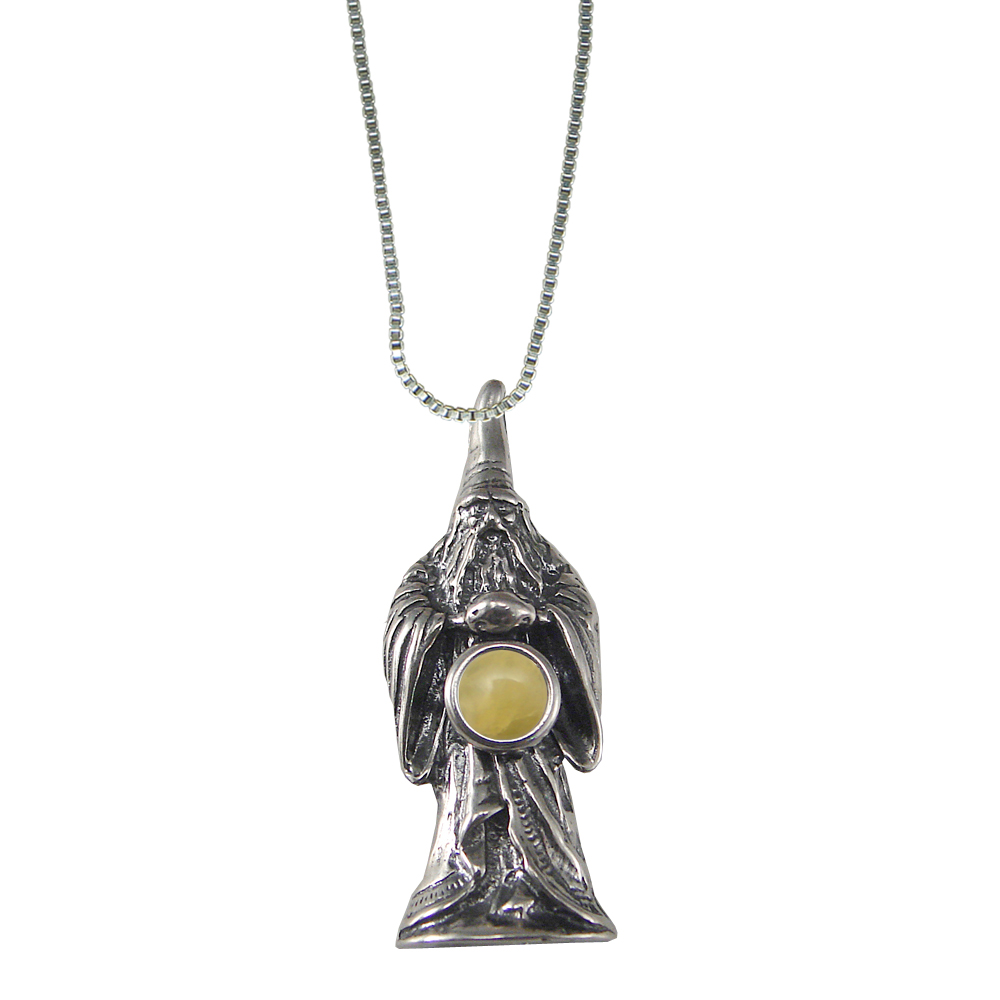 Sterling Silver Wizard of Olde Pendant With Yellow Aragonite Magic Orb